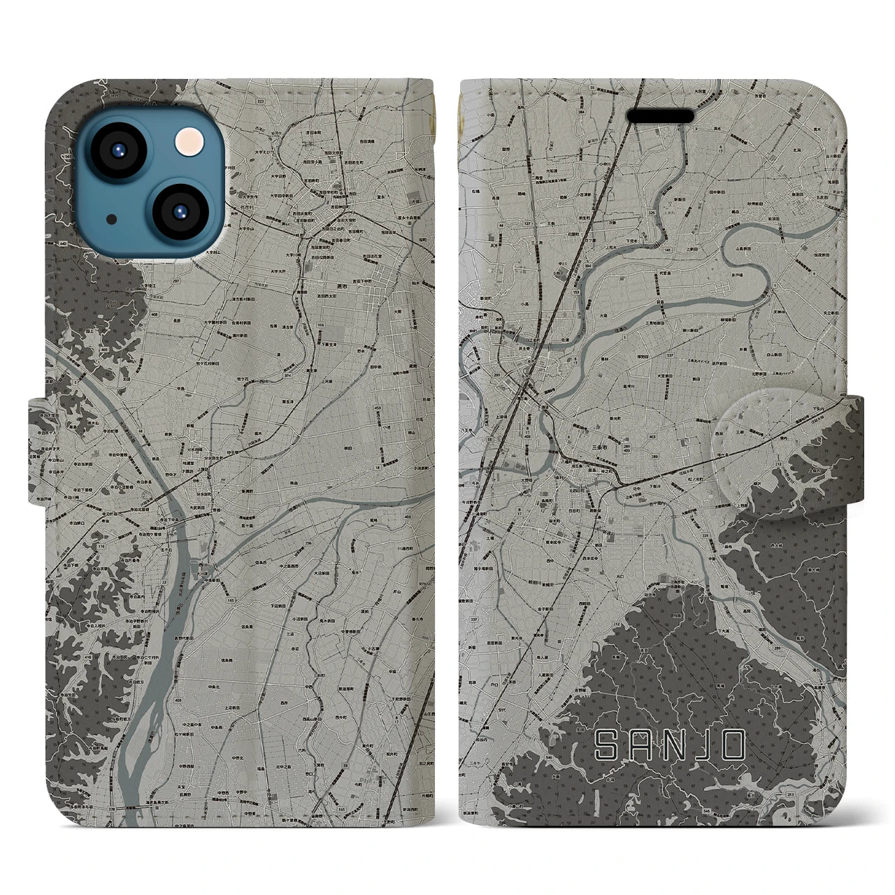 【三条(新潟県)】地図柄iPhoneケース(手帳タイプ)モノトーン・iPhone 13 用