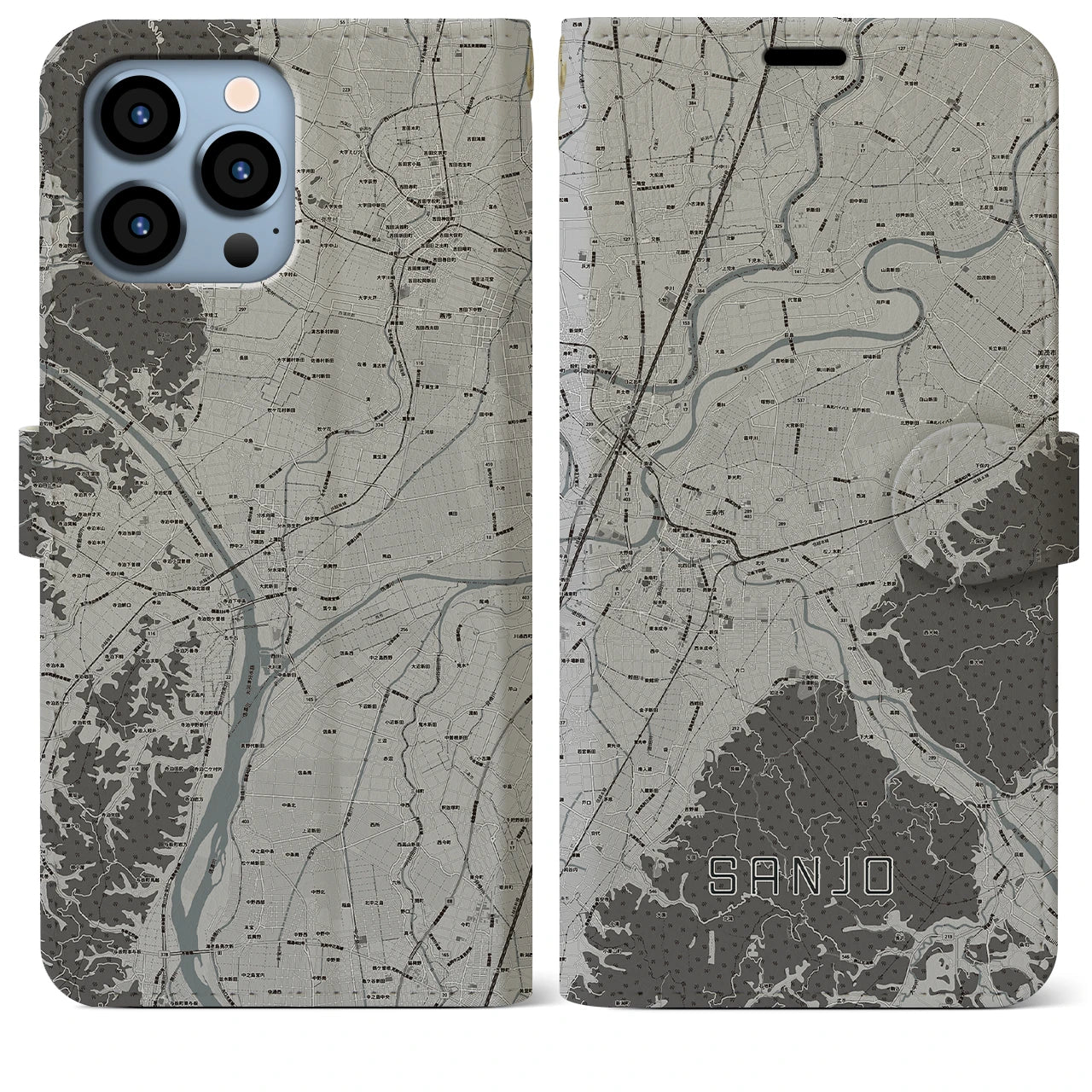 【三条(新潟県)】地図柄iPhoneケース(手帳タイプ)モノトーン・iPhone 13 Pro Max 用