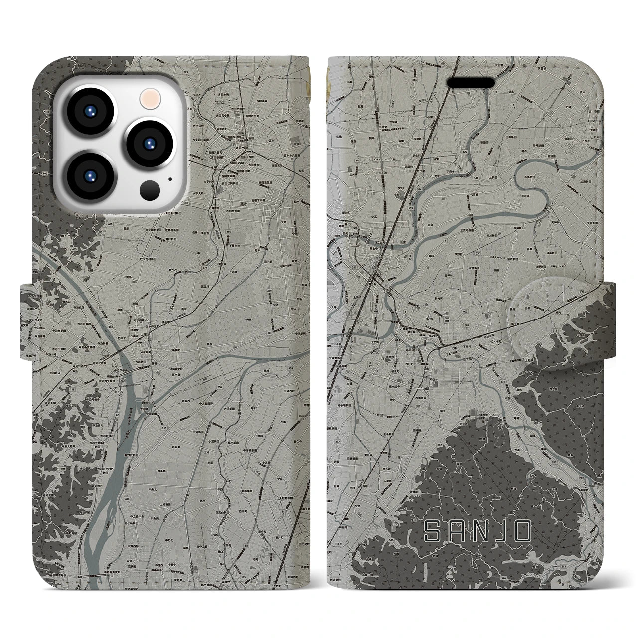 【三条(新潟県)】地図柄iPhoneケース(手帳タイプ)モノトーン・iPhone 13 Pro 用