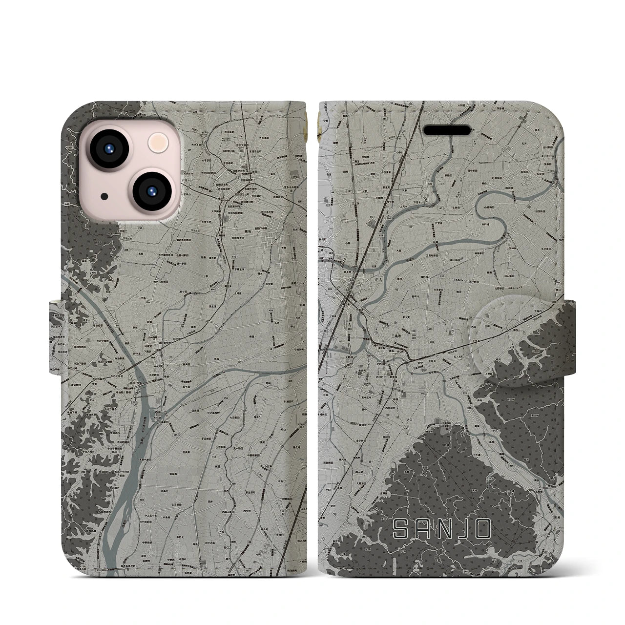 【三条(新潟県)】地図柄iPhoneケース(手帳タイプ)モノトーン・iPhone 13 mini 用