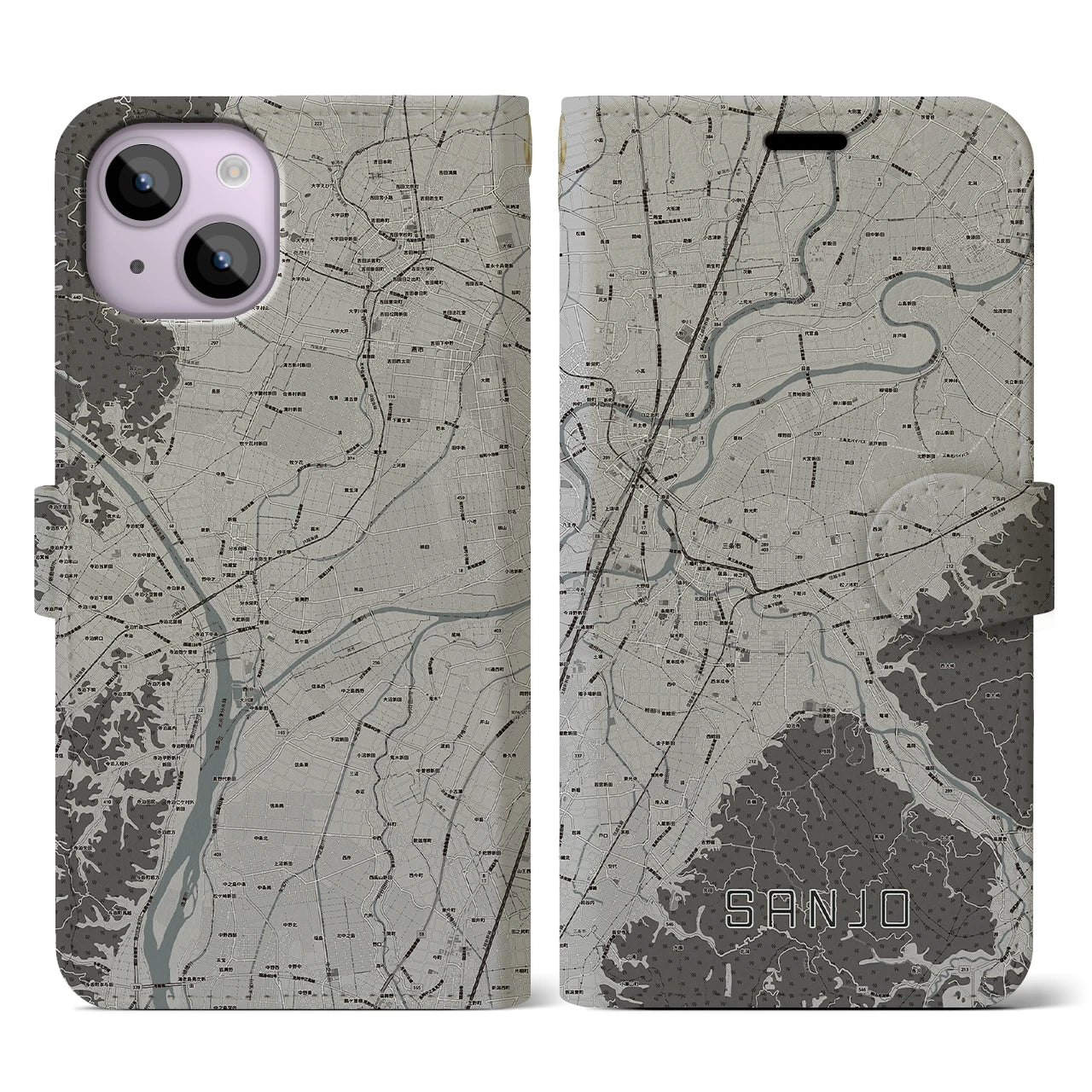 【三条(新潟県)】地図柄iPhoneケース(手帳タイプ)モノトーン・iPhone 14 用