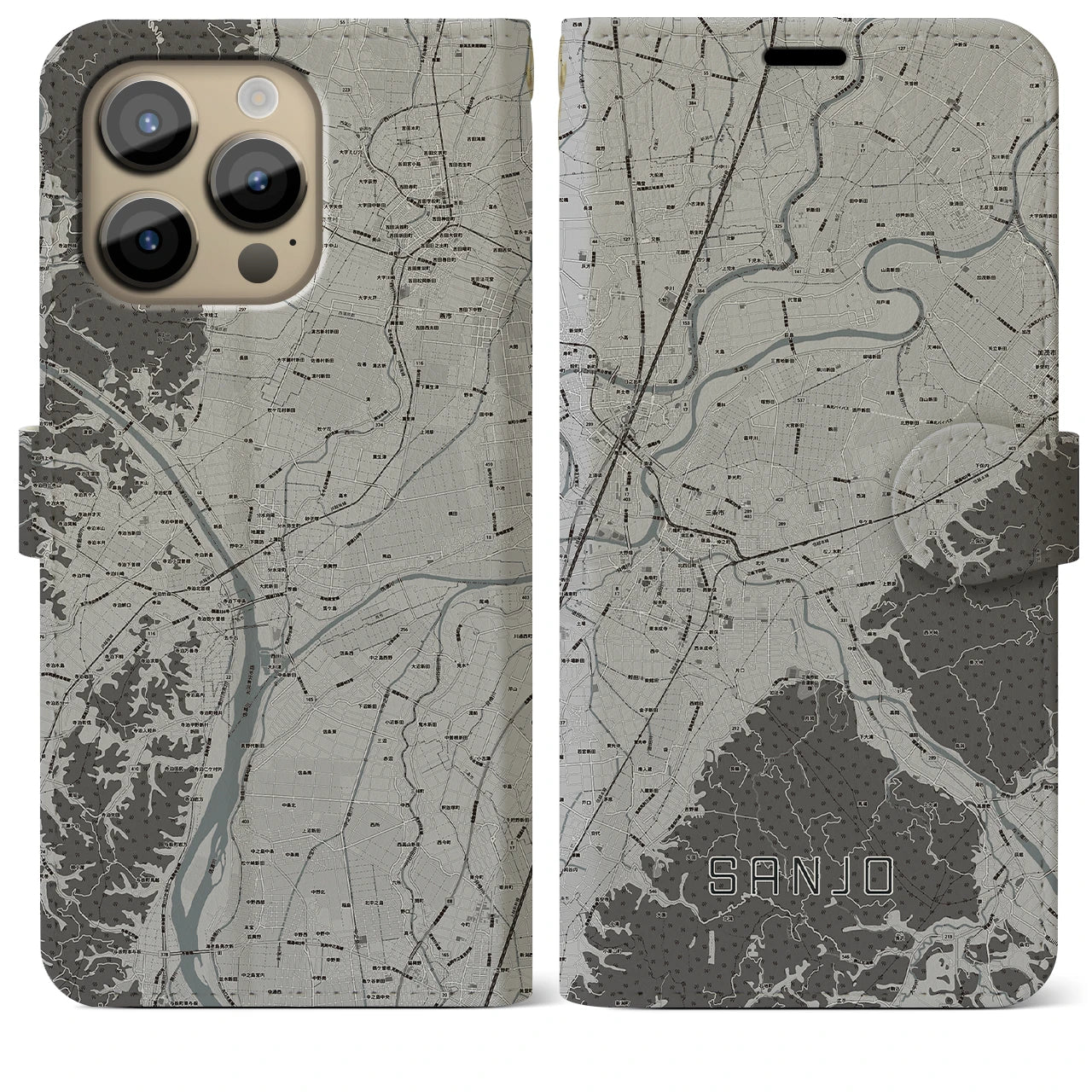 【三条(新潟県)】地図柄iPhoneケース(手帳タイプ)モノトーン・iPhone 14 Pro Max 用