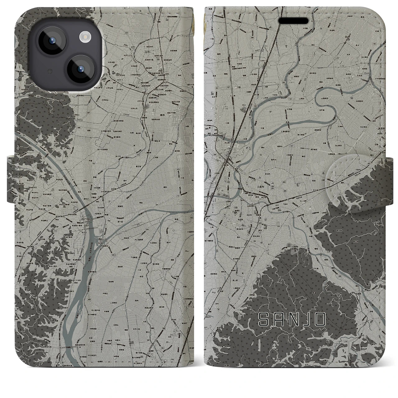 【三条(新潟県)】地図柄iPhoneケース(手帳タイプ)モノトーン・iPhone 14 Plus 用