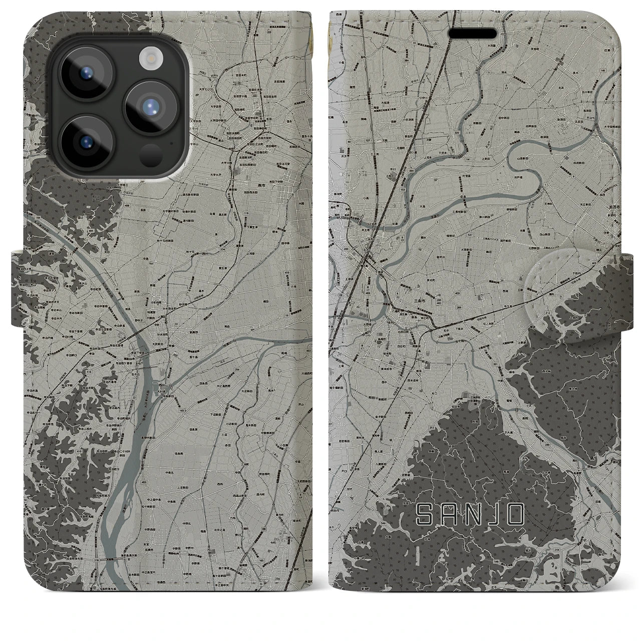 【三条(新潟県)】地図柄iPhoneケース(手帳タイプ)モノトーン・iPhone 15 Pro Max 用