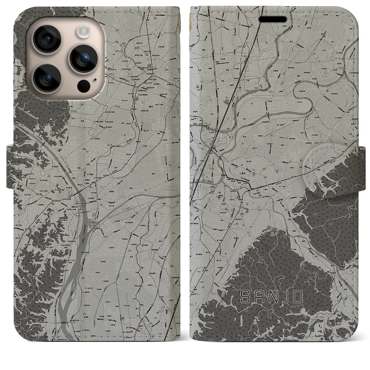 【三条(新潟県)】地図柄iPhoneケース(手帳タイプ)モノトーン・iPhone 16 Plus 用