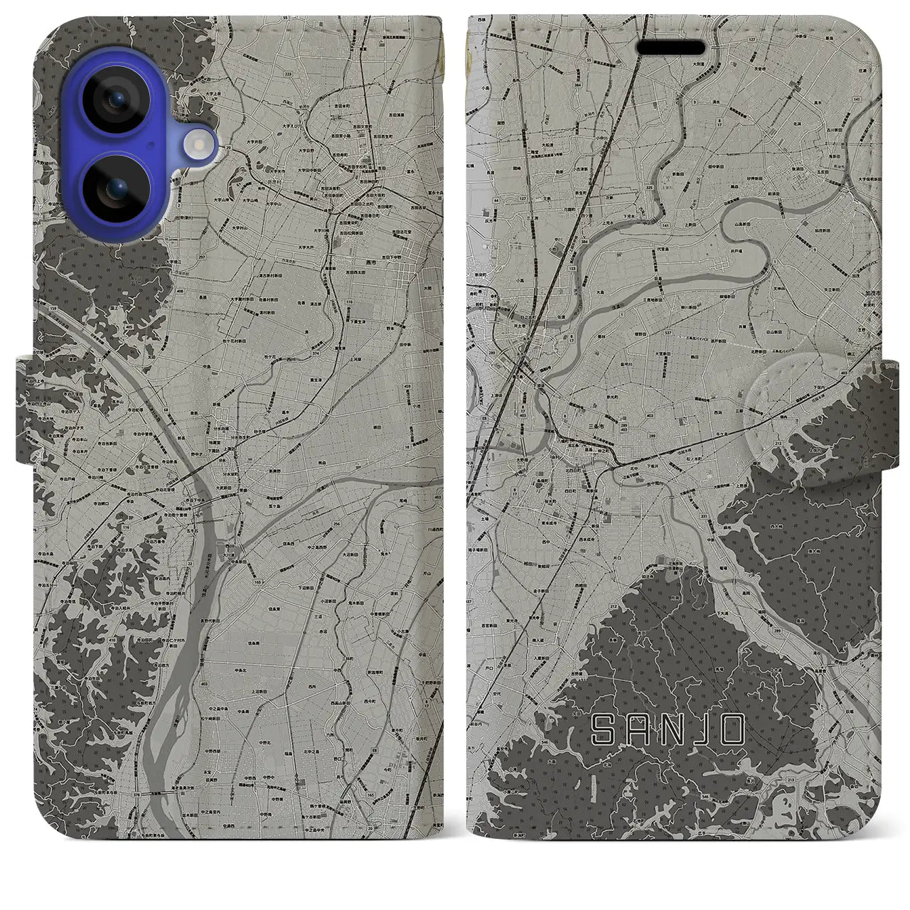 【三条(新潟県)】地図柄iPhoneケース(手帳タイプ)モノトーン・iPhone 16 Pro Max 用