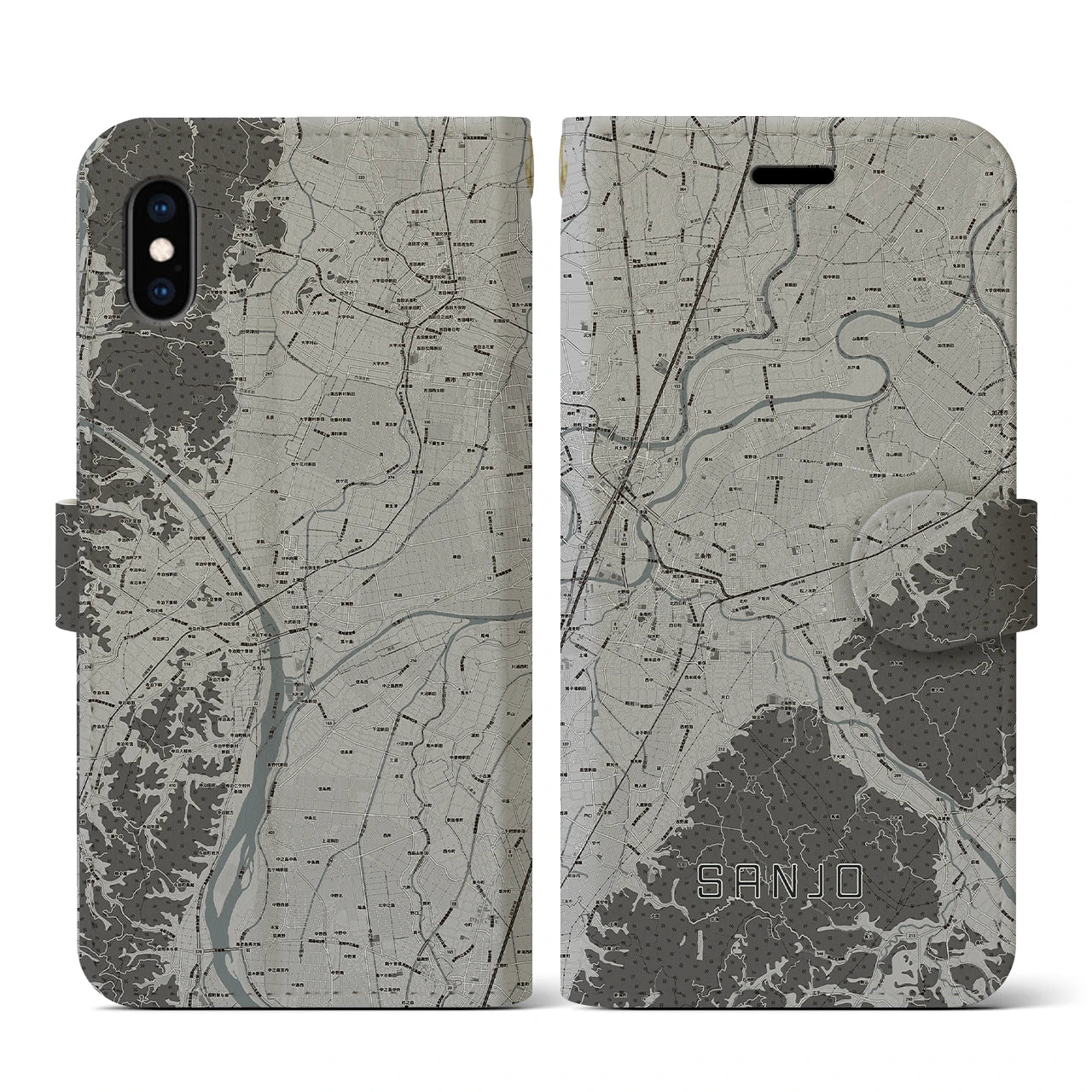 【三条(新潟県)】地図柄iPhoneケース(手帳タイプ)モノトーン・iPhone XS / X 用