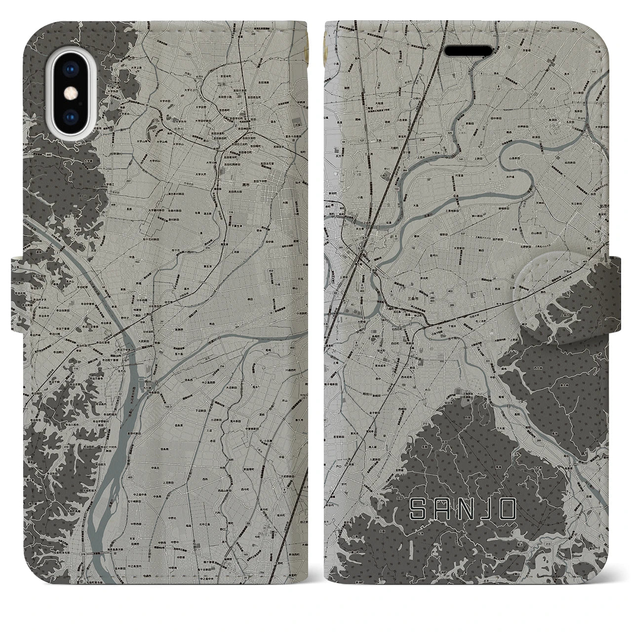 【三条(新潟県)】地図柄iPhoneケース(手帳タイプ)モノトーン・iPhone XS Max 用