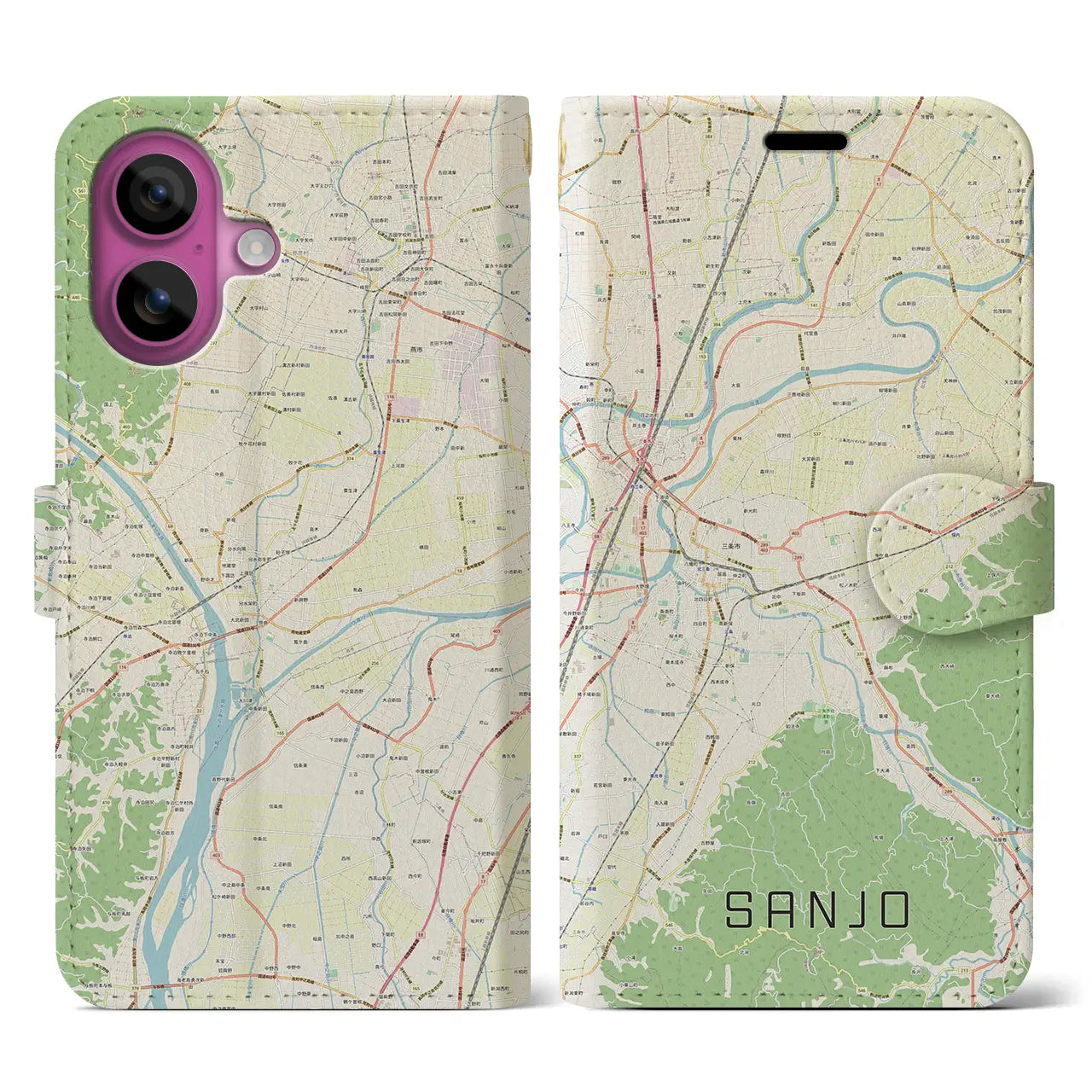 【三条(新潟県)】地図柄iPhoneケース(手帳タイプ)ナチュラル・iPhone 16 Pro 用