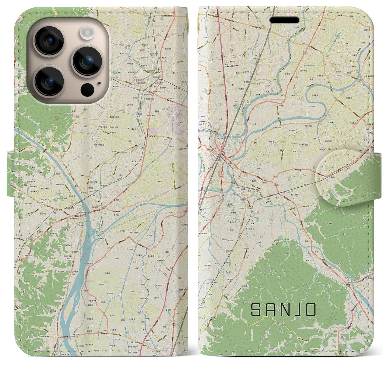 【三条(新潟県)】地図柄iPhoneケース(手帳タイプ)ナチュラル・iPhone 16 Plus 用