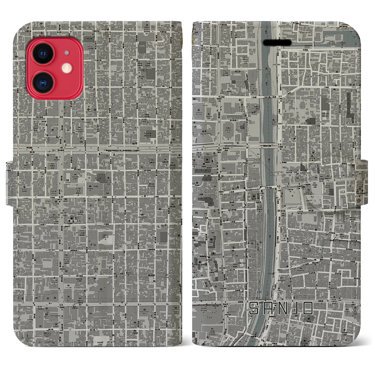 【三条(京都府)】地図柄iPhoneケース(手帳タイプ)モノトーン・iPhone 11 用