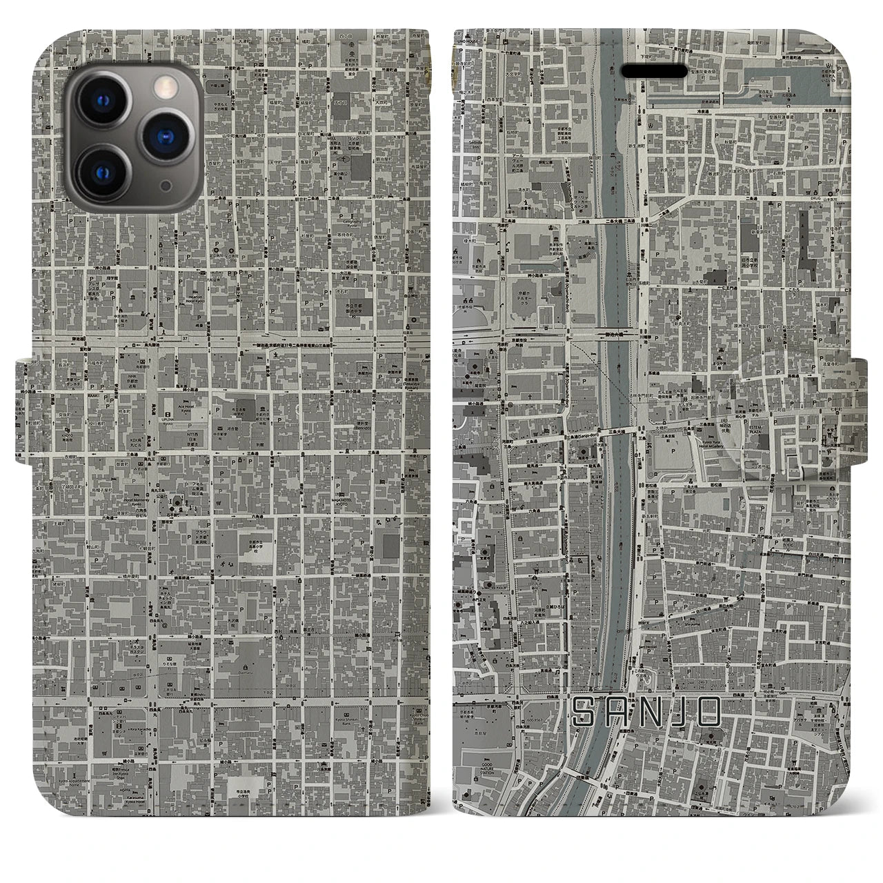 【三条(京都府)】地図柄iPhoneケース(手帳タイプ)モノトーン・iPhone 11 Pro Max 用