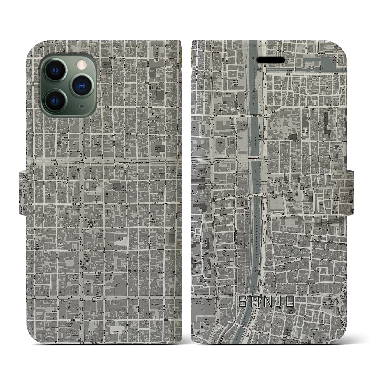 【三条(京都府)】地図柄iPhoneケース(手帳タイプ)モノトーン・iPhone 11 Pro 用