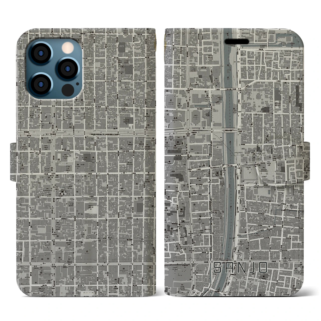 【三条(京都府)】地図柄iPhoneケース(手帳タイプ)モノトーン・iPhone 12 / 12 Pro 用