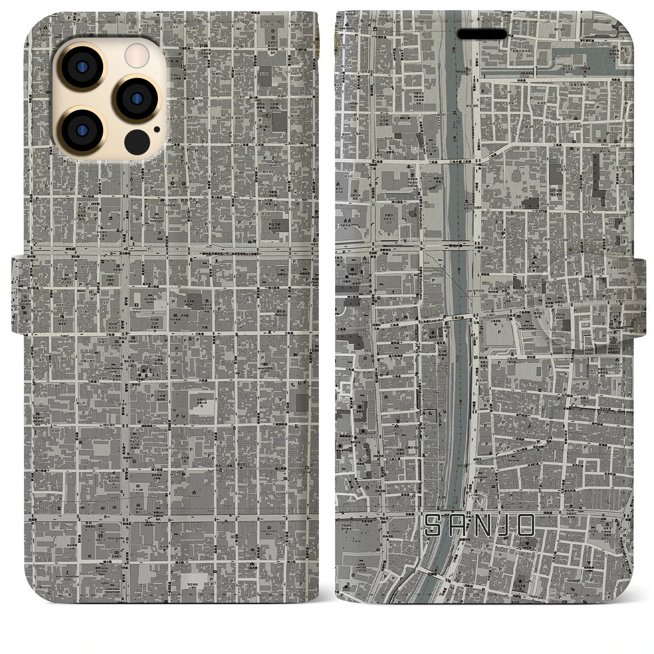 【三条(京都府)】地図柄iPhoneケース(手帳タイプ)モノトーン・iPhone 12 Pro Max 用
