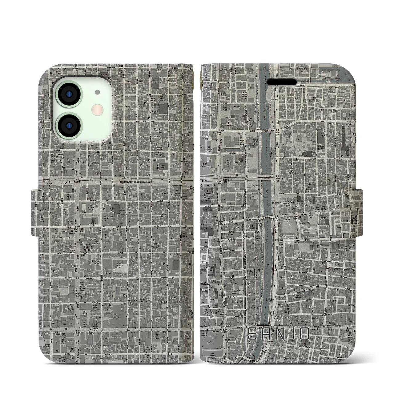 【三条(京都府)】地図柄iPhoneケース(手帳タイプ)モノトーン・iPhone 12 mini 用