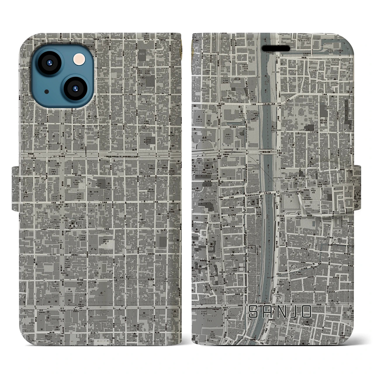 【三条(京都府)】地図柄iPhoneケース(手帳タイプ)モノトーン・iPhone 13 用