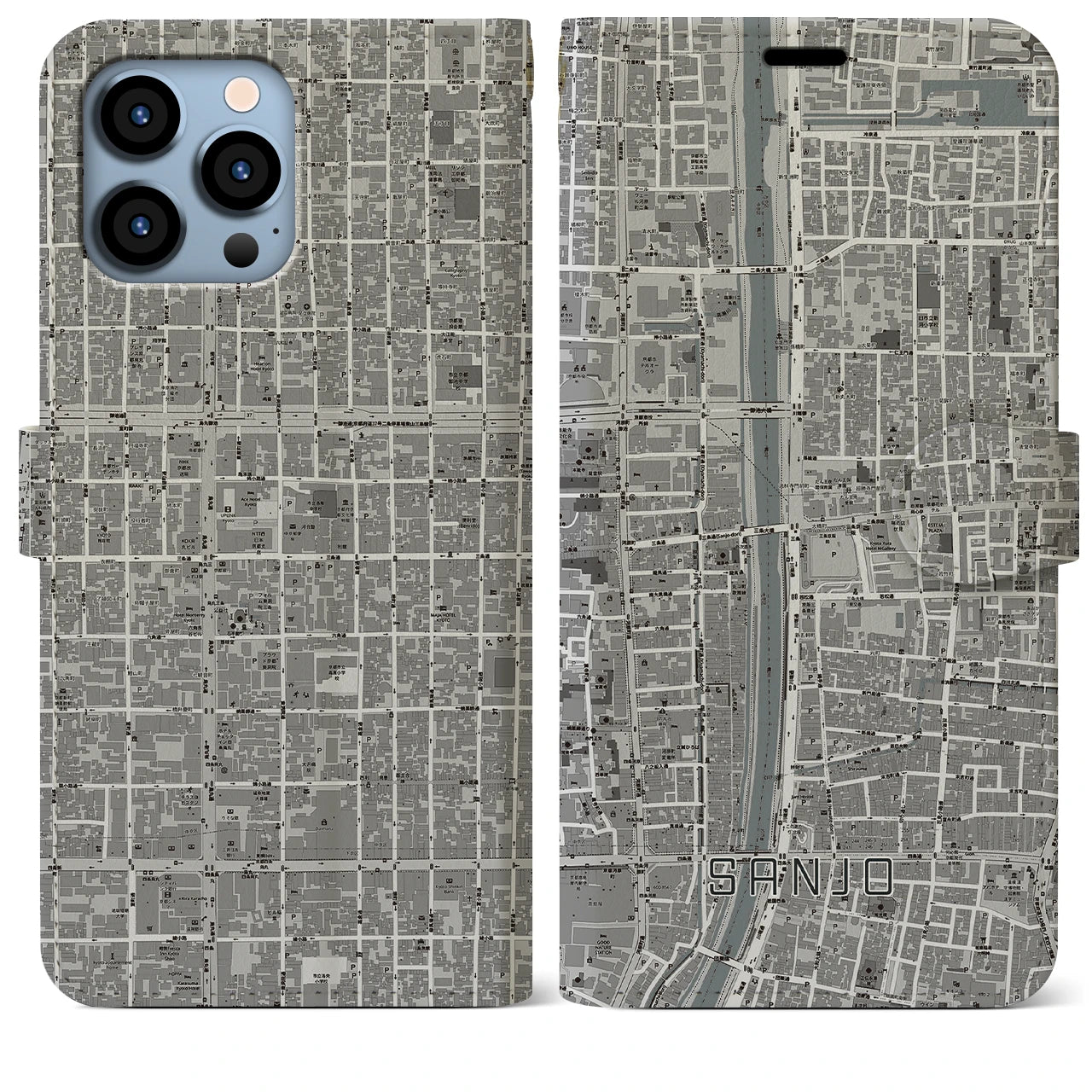 【三条(京都府)】地図柄iPhoneケース(手帳タイプ)モノトーン・iPhone 13 Pro Max 用