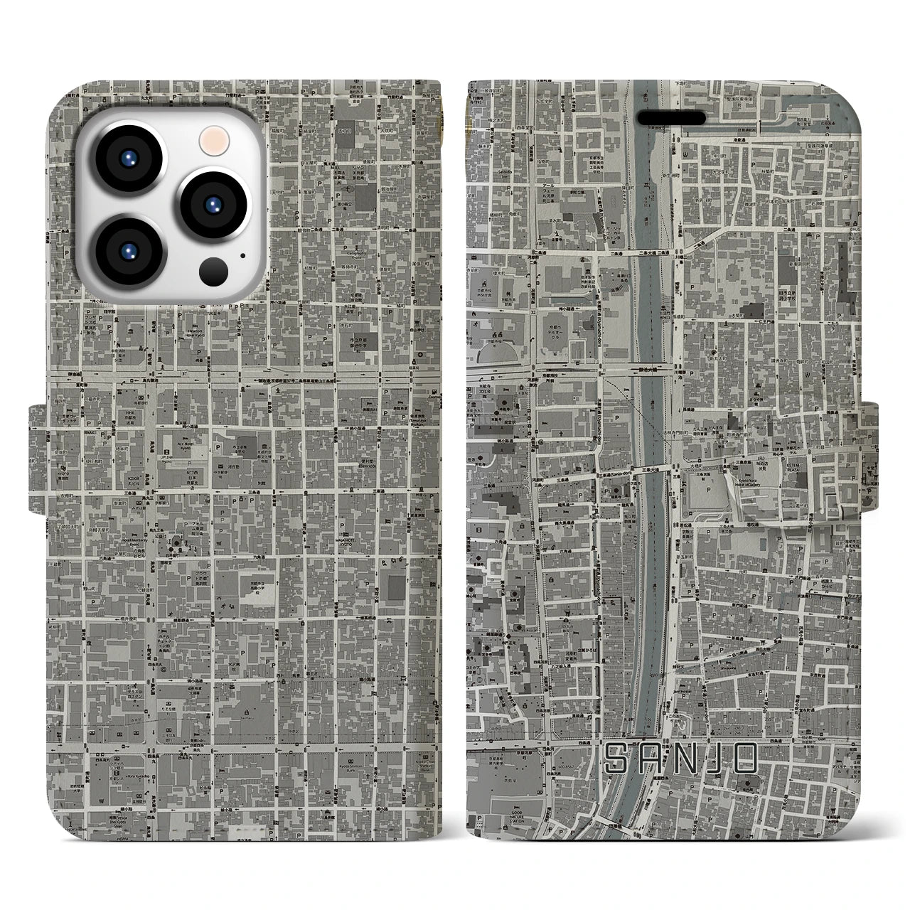 【三条(京都府)】地図柄iPhoneケース(手帳タイプ)モノトーン・iPhone 13 Pro 用