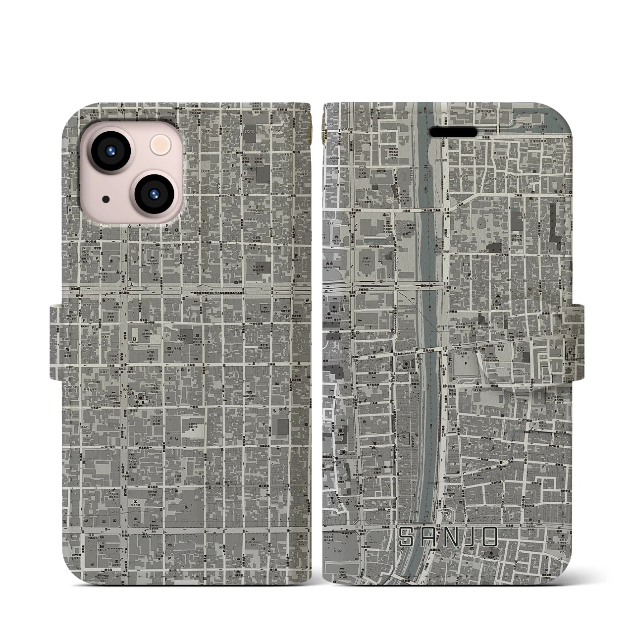 【三条(京都府)】地図柄iPhoneケース(手帳タイプ)モノトーン・iPhone 13 mini 用