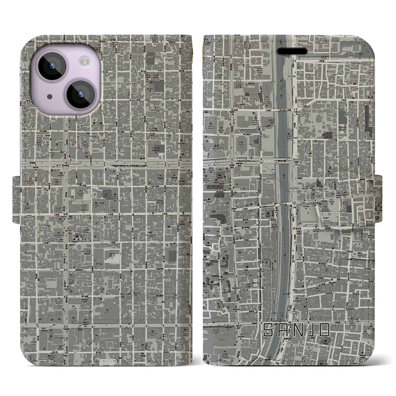 【三条(京都府)】地図柄iPhoneケース(手帳タイプ)モノトーン・iPhone 14 用