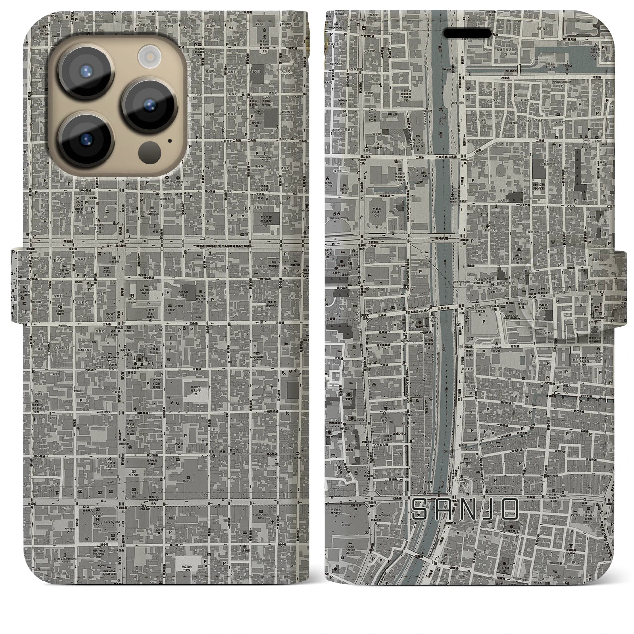 【三条(京都府)】地図柄iPhoneケース(手帳タイプ)モノトーン・iPhone 14 Pro Max 用