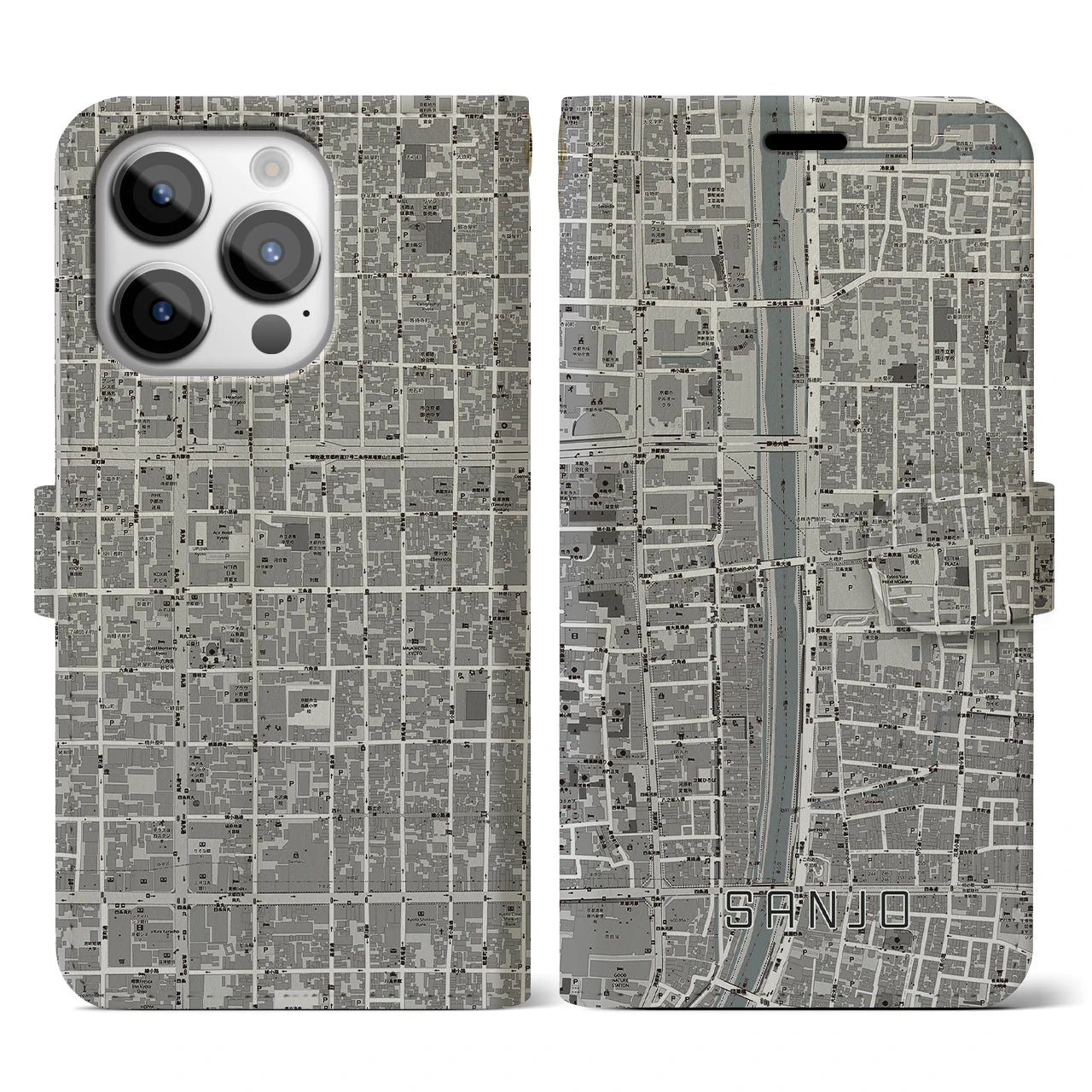 【三条(京都府)】地図柄iPhoneケース(手帳タイプ)モノトーン・iPhone 14 Pro 用