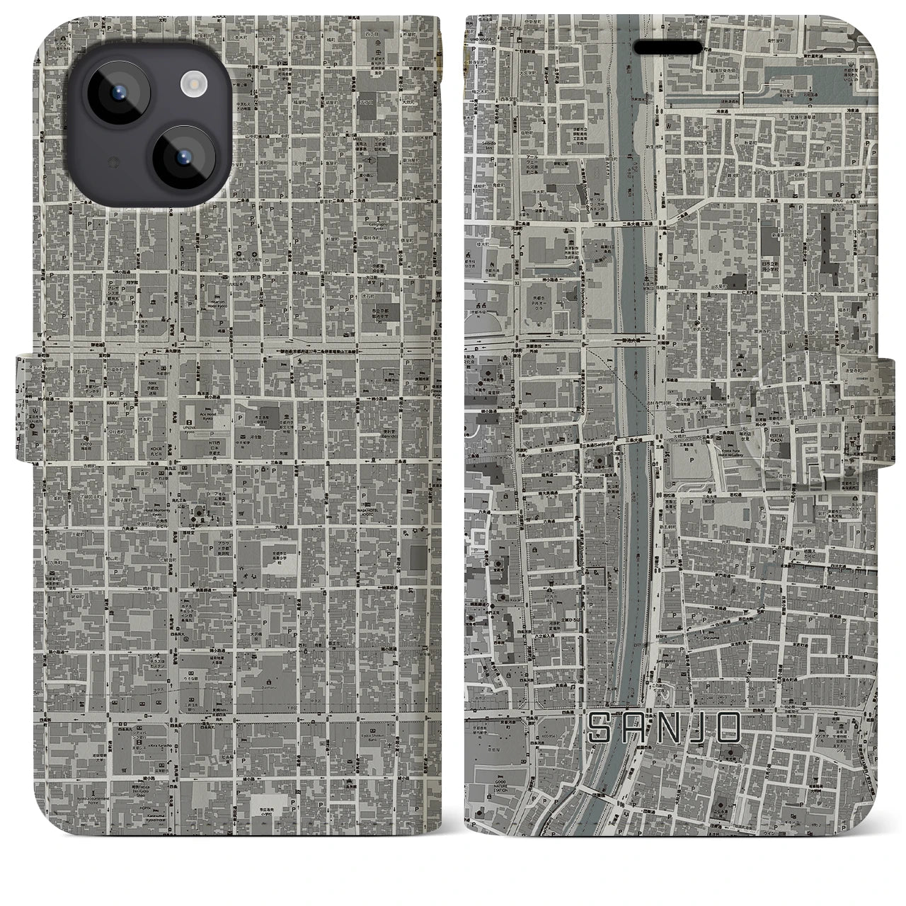 【三条(京都府)】地図柄iPhoneケース(手帳タイプ)モノトーン・iPhone 14 Plus 用