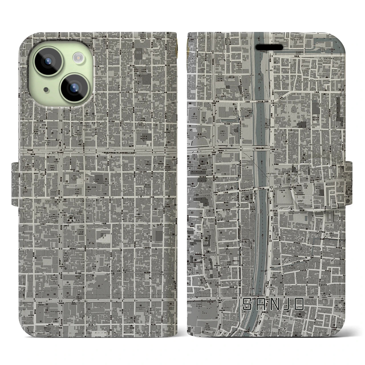 【三条(京都府)】地図柄iPhoneケース(手帳タイプ)モノトーン・iPhone 15 用