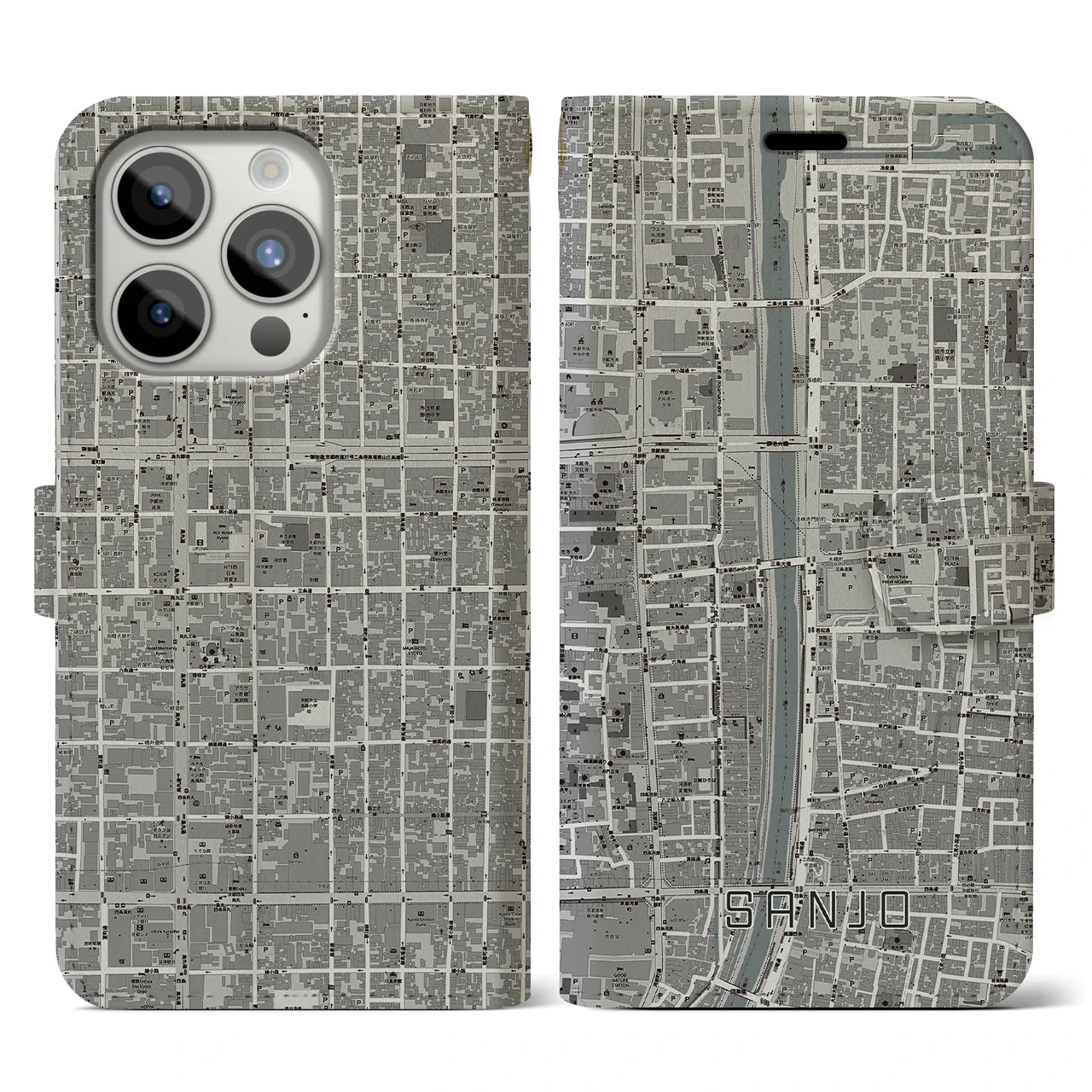 【三条(京都府)】地図柄iPhoneケース(手帳タイプ)モノトーン・iPhone 15 Pro 用