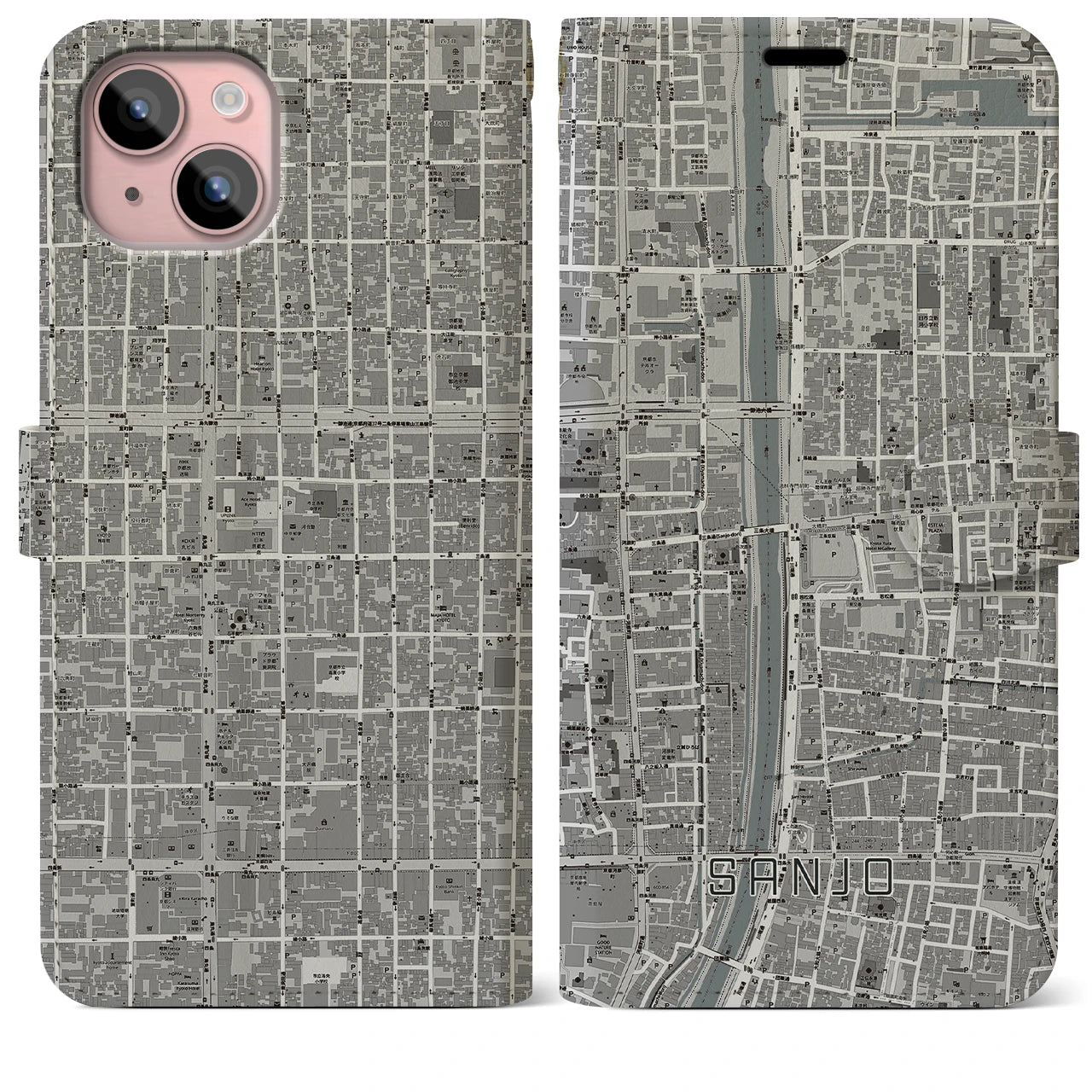 【三条(京都府)】地図柄iPhoneケース(手帳タイプ)モノトーン・iPhone 15 Plus 用