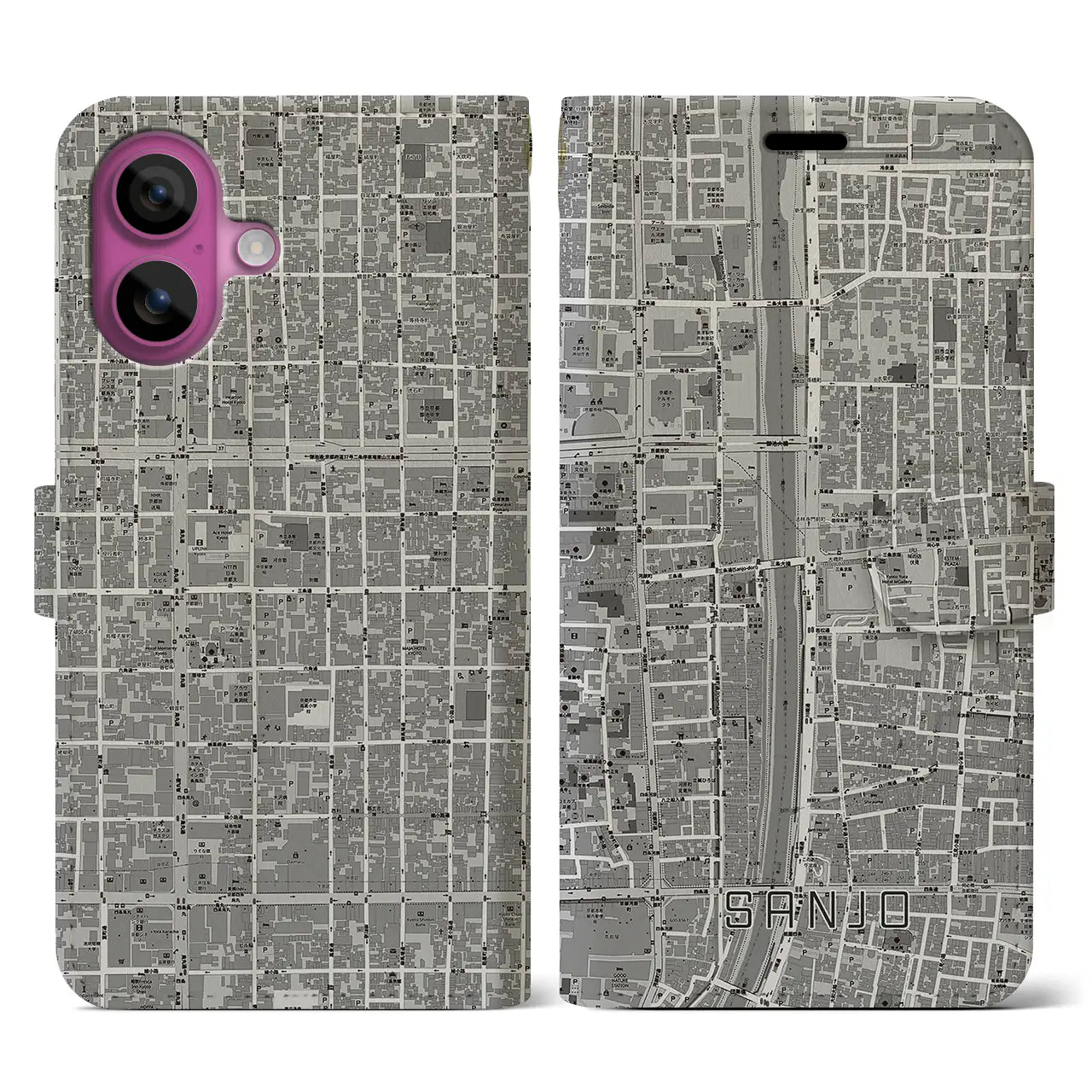 【三条(京都府)】地図柄iPhoneケース(手帳タイプ)モノトーン・iPhone 16 Pro 用