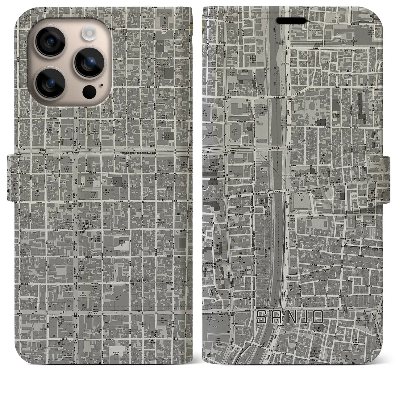 【三条(京都府)】地図柄iPhoneケース(手帳タイプ)モノトーン・iPhone 16 Plus 用