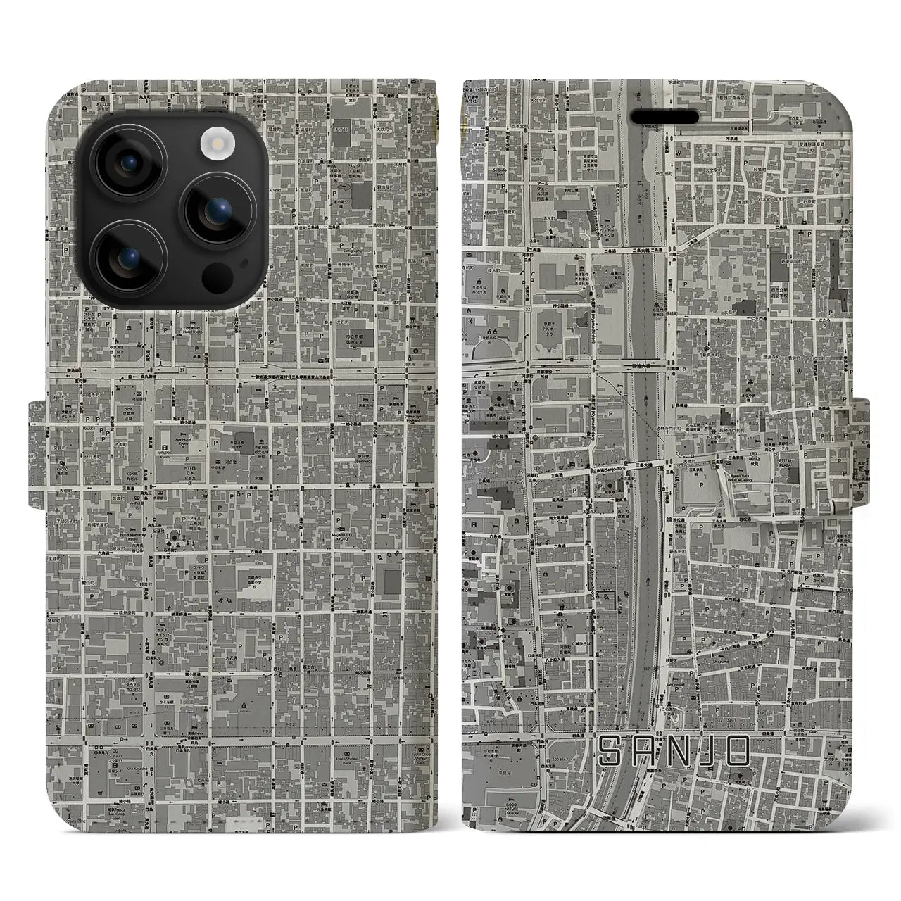 【三条(京都府)】地図柄iPhoneケース(手帳タイプ)モノトーン・iPhone 16 用