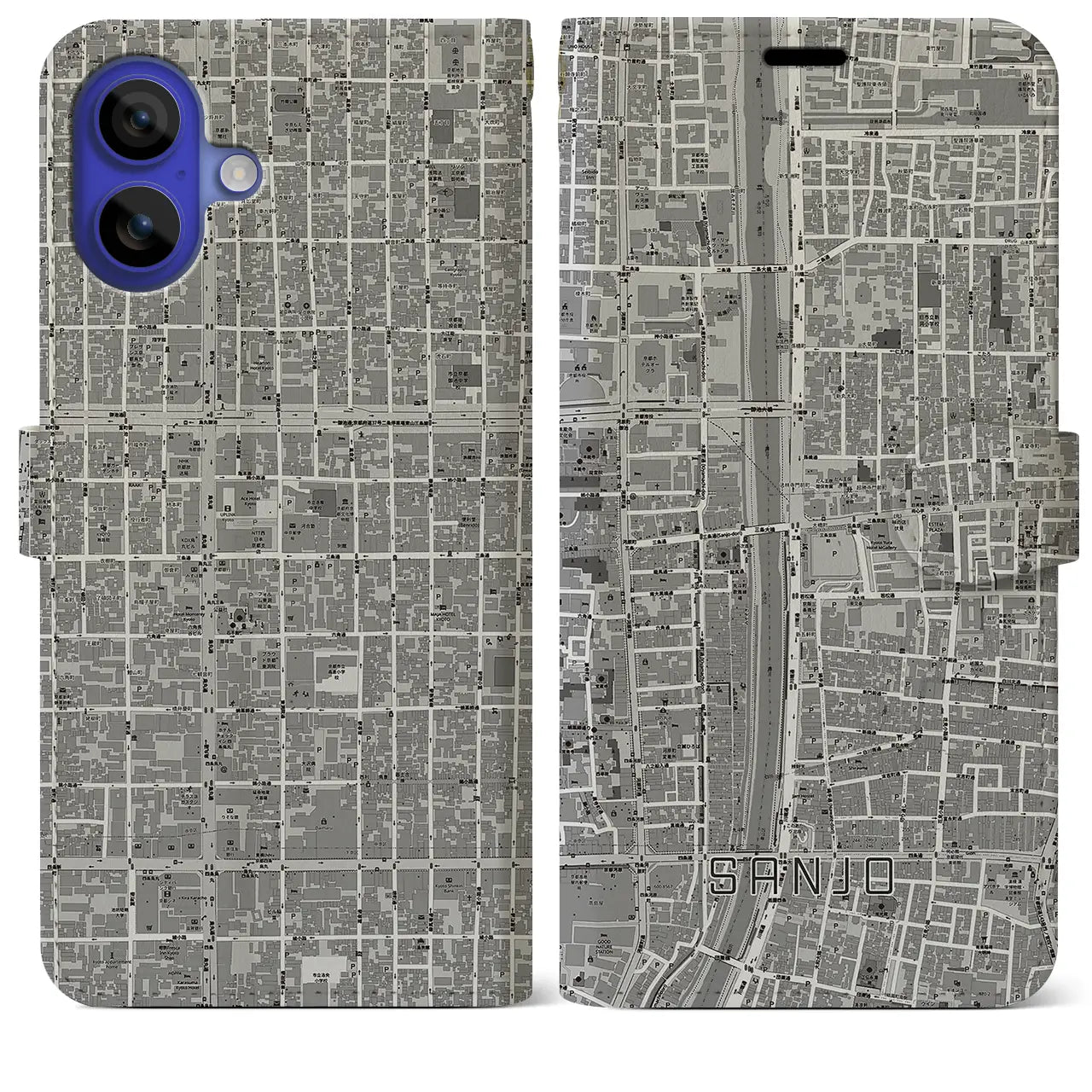 【三条(京都府)】地図柄iPhoneケース(手帳タイプ)モノトーン・iPhone 16 Pro Max 用