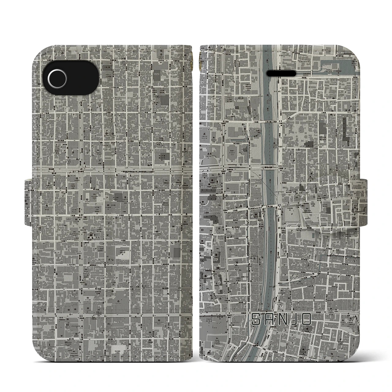 【三条(京都府)】地図柄iPhoneケース(手帳タイプ)モノトーン・iPhone SE(第3 / 第2世代) / 8 / 7 / 6s / 6 用