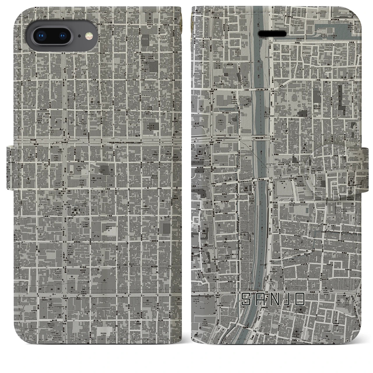 【三条(京都府)】地図柄iPhoneケース(手帳タイプ)モノトーン・iPhone 8Plus /7Plus / 6sPlus / 6Plus 用