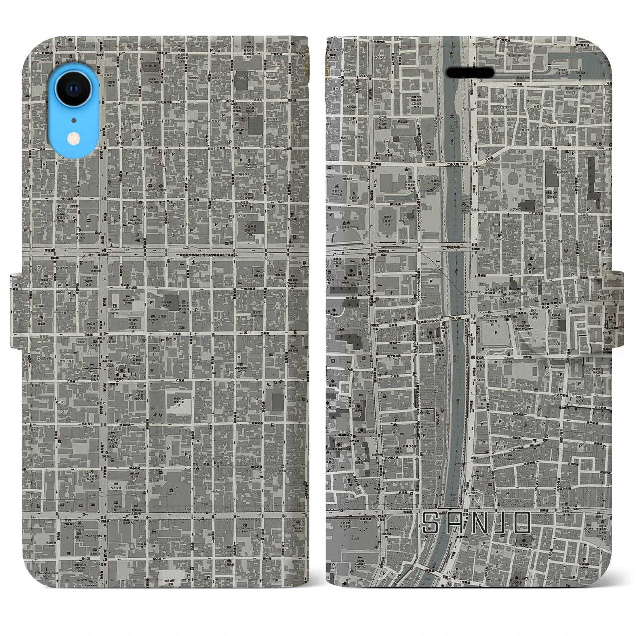 【三条(京都府)】地図柄iPhoneケース(手帳タイプ)モノトーン・iPhone XR 用