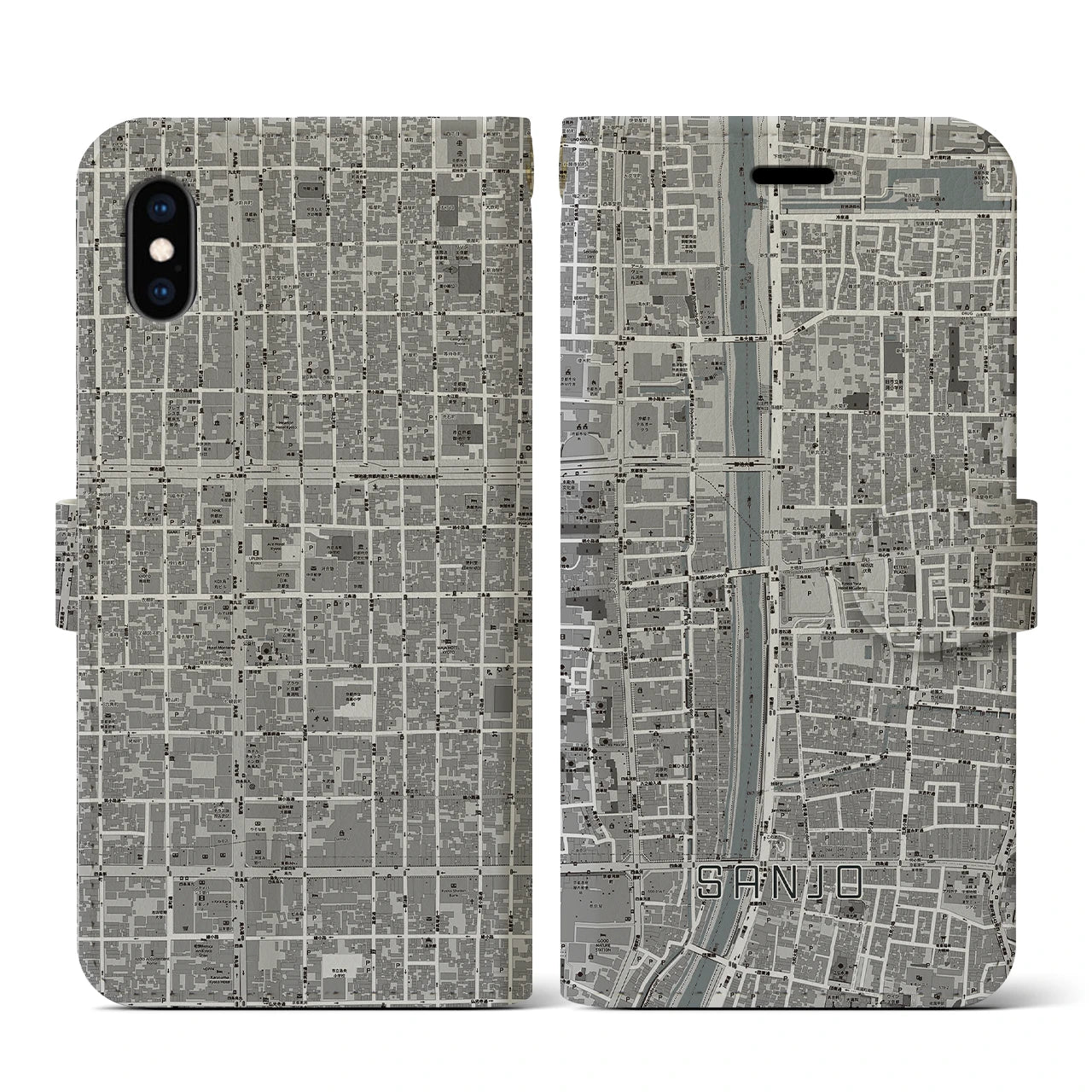 【三条(京都府)】地図柄iPhoneケース(手帳タイプ)モノトーン・iPhone XS / X 用