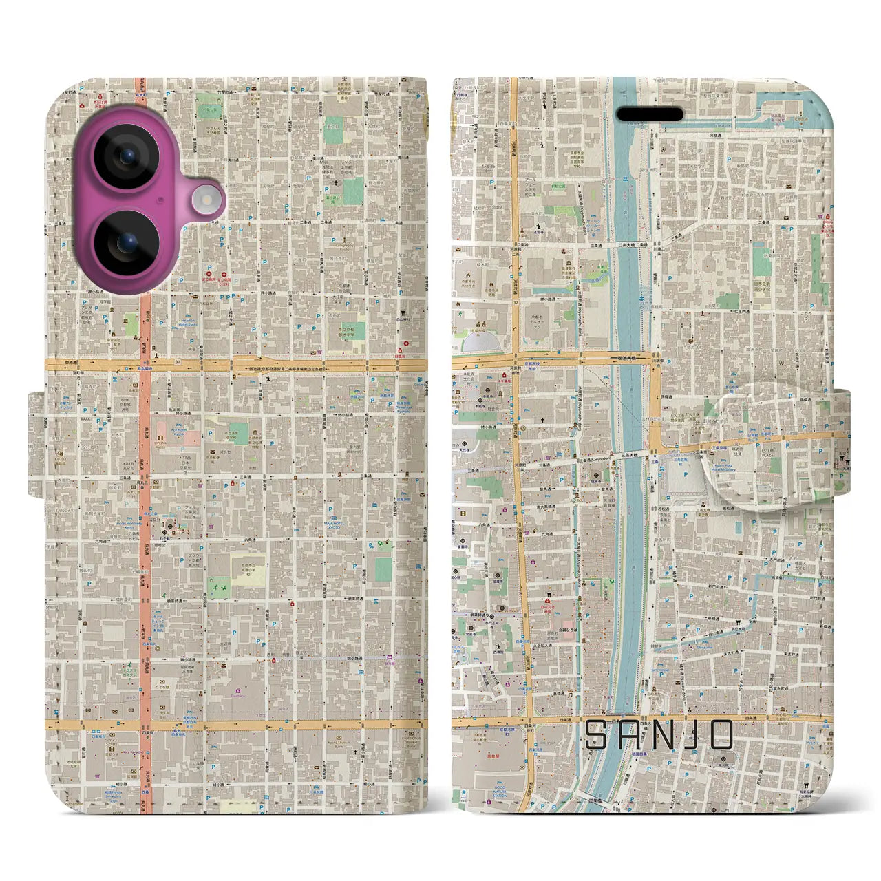 【三条(京都府)】地図柄iPhoneケース(手帳タイプ)ナチュラル・iPhone 16 Pro 用