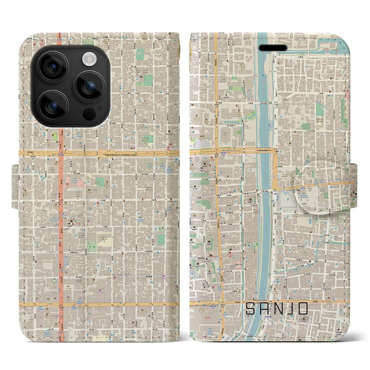 【三条(京都府)】地図柄iPhoneケース(手帳タイプ)ナチュラル・iPhone 16 用