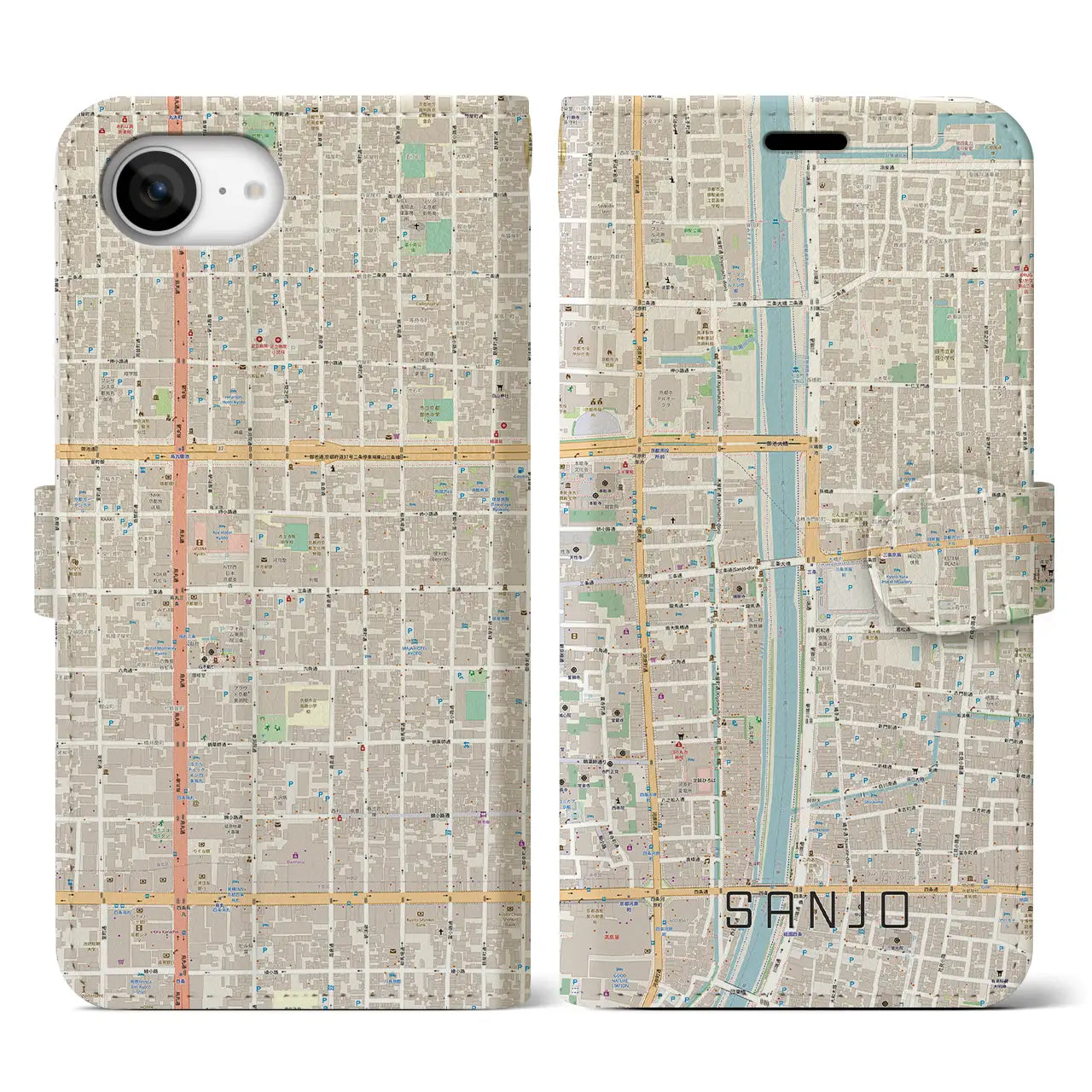 【三条(京都府)】地図柄iPhoneケース(手帳タイプ)