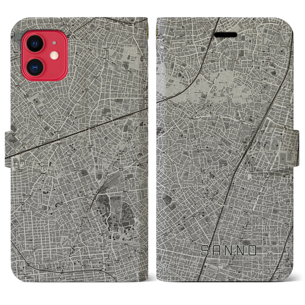 【山王(東京都)】地図柄iPhoneケース(手帳タイプ)モノトーン・iPhone 11 用