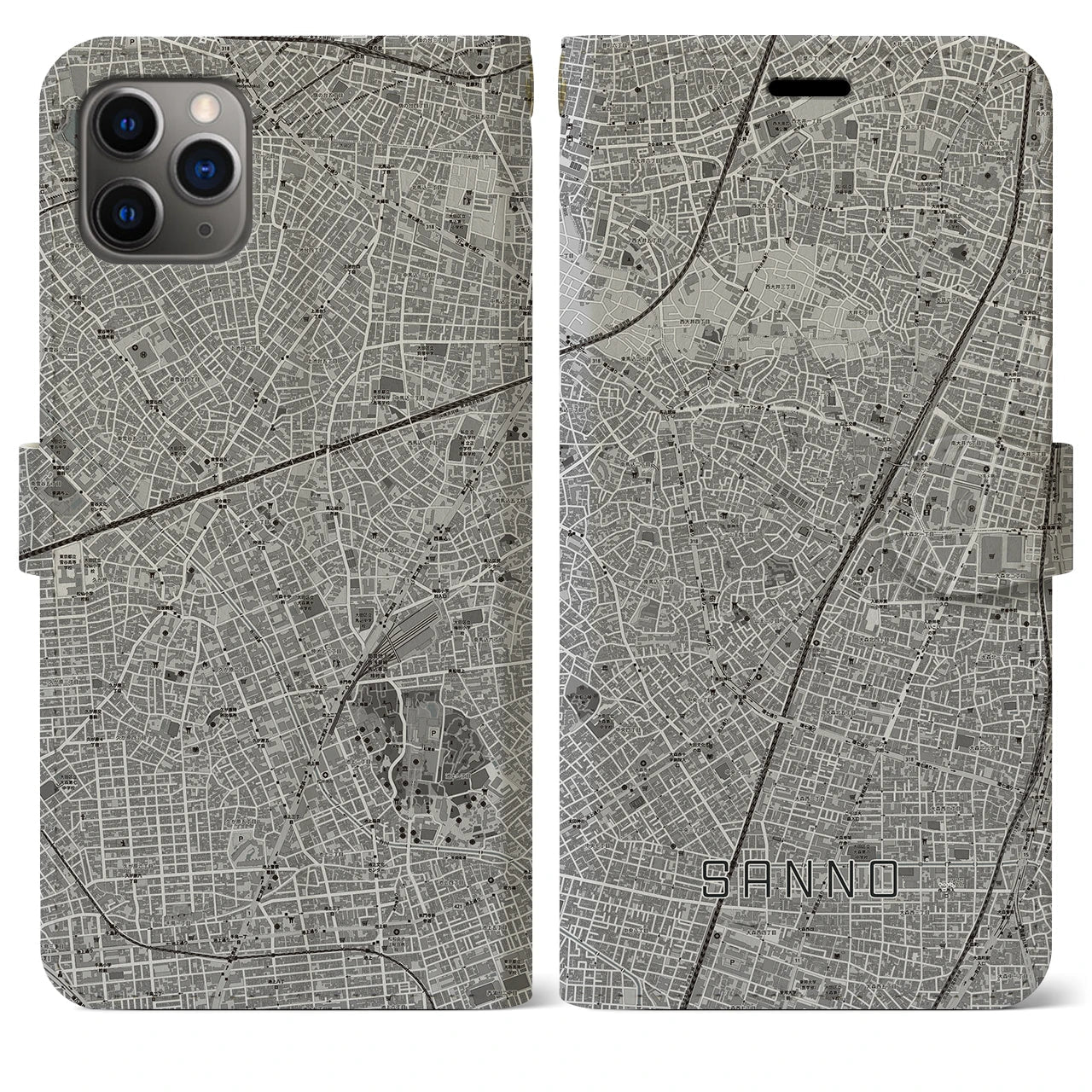 【山王(東京都)】地図柄iPhoneケース(手帳タイプ)モノトーン・iPhone 11 Pro Max 用