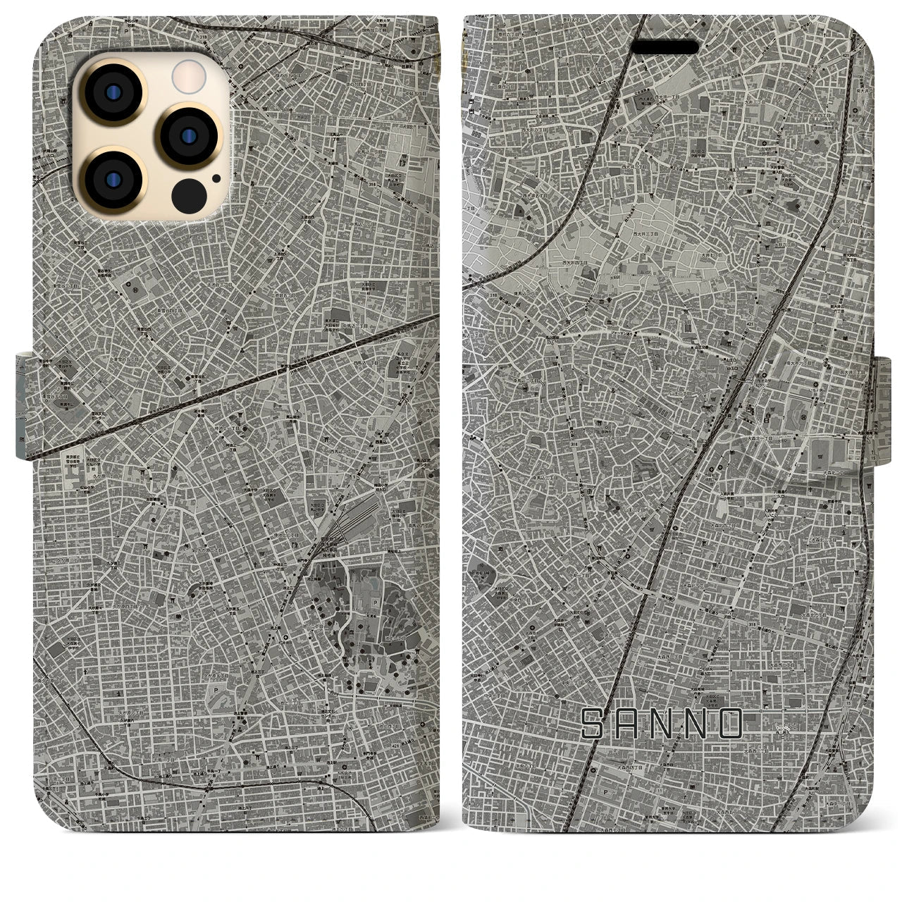 【山王(東京都)】地図柄iPhoneケース(手帳タイプ)モノトーン・iPhone 12 Pro Max 用