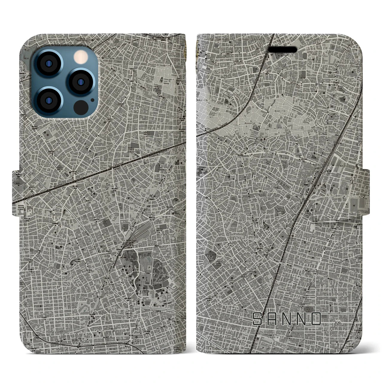 【山王(東京都)】地図柄iPhoneケース(手帳タイプ)モノトーン・iPhone 12 / 12 Pro 用