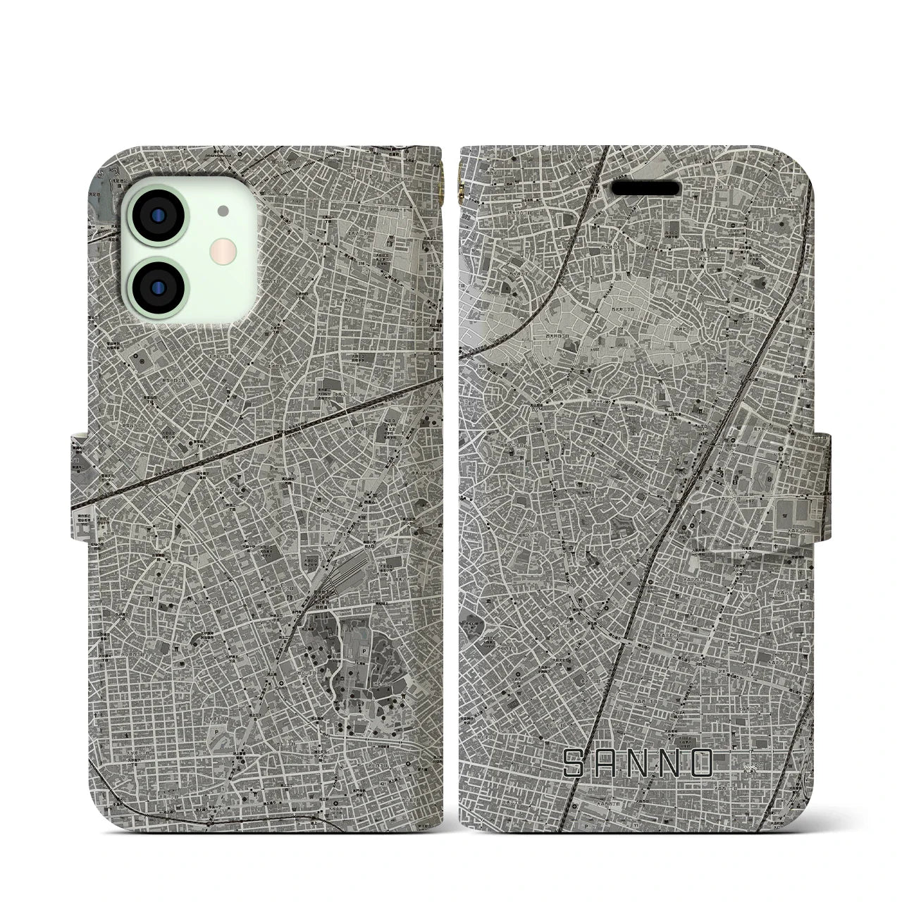 【山王(東京都)】地図柄iPhoneケース(手帳タイプ)モノトーン・iPhone 12 mini 用