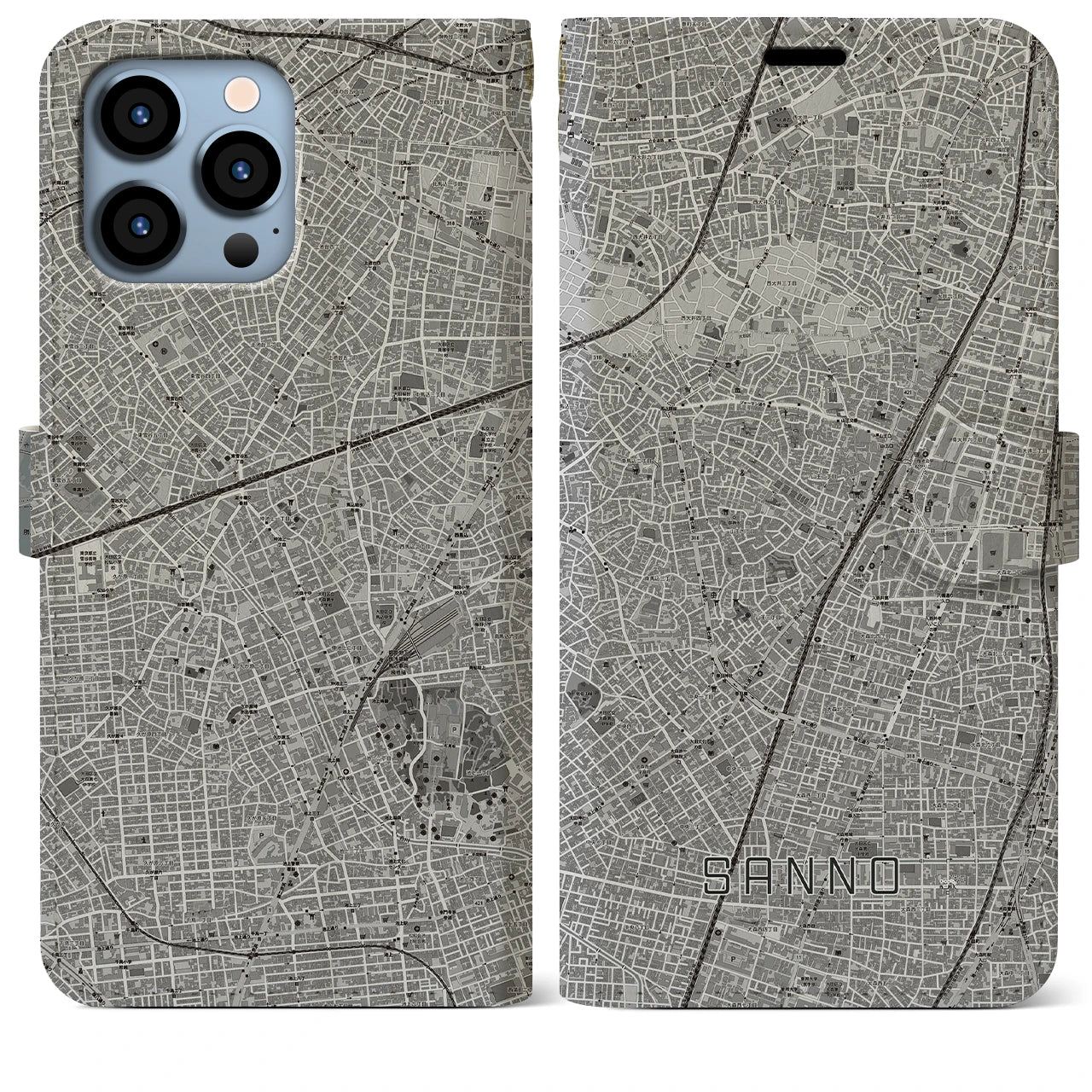 【山王(東京都)】地図柄iPhoneケース(手帳タイプ)モノトーン・iPhone 13 Pro Max 用
