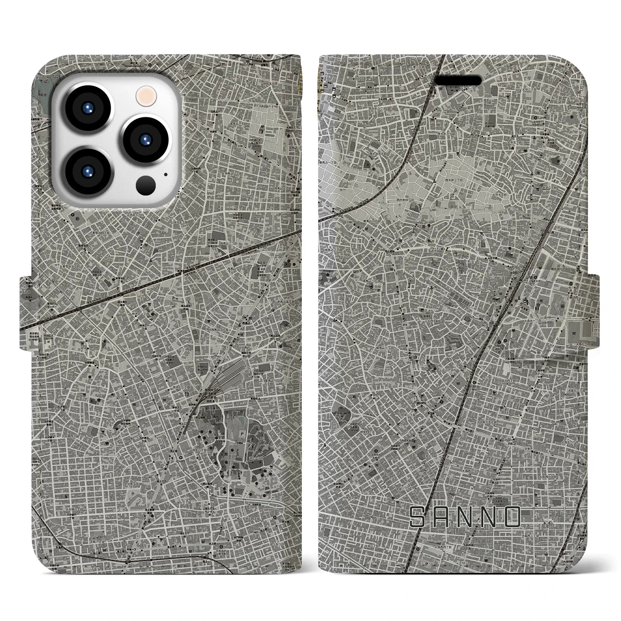 【山王(東京都)】地図柄iPhoneケース(手帳タイプ)モノトーン・iPhone 13 Pro 用