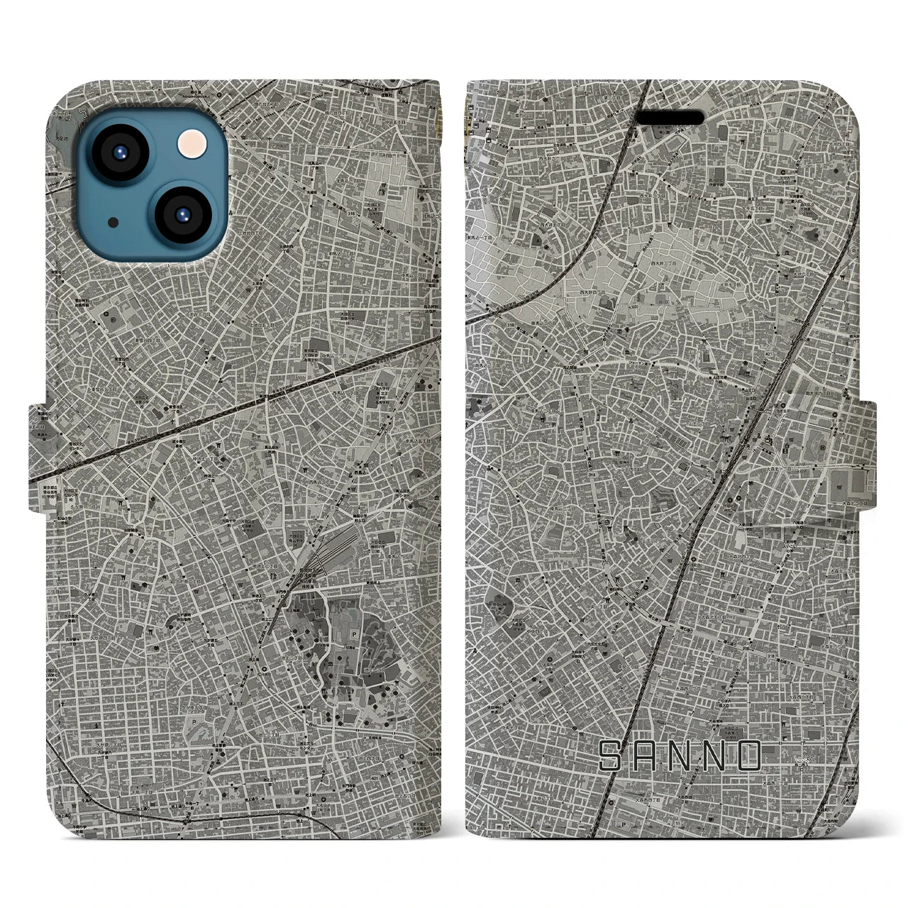 【山王(東京都)】地図柄iPhoneケース(手帳タイプ)モノトーン・iPhone 13 用